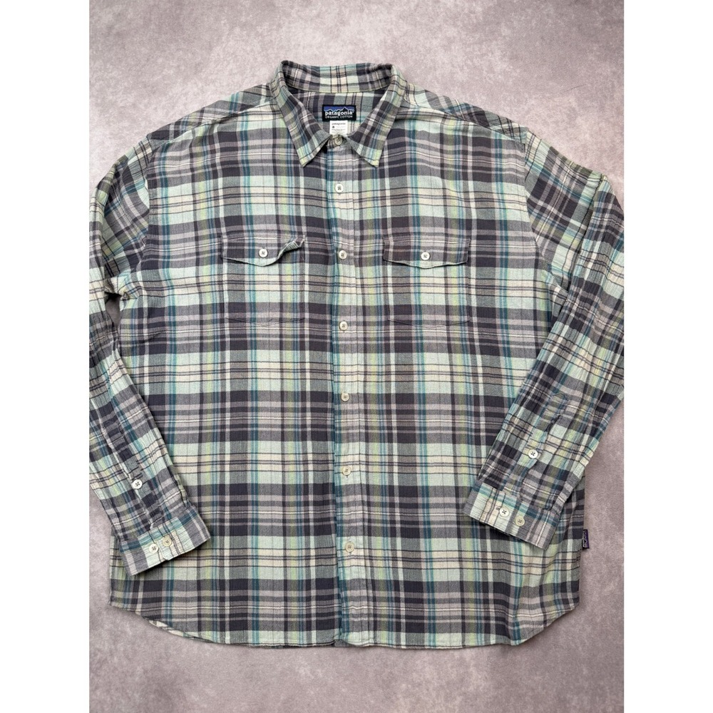 Patagonia Mens XL Organic Cotton Plaid Button Shirt Long Sleeve Gray Green Camp